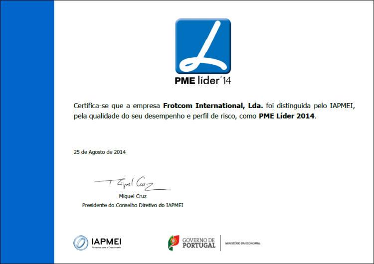 Blog - Frotcom International receives SME Leader 2014 award - diploma